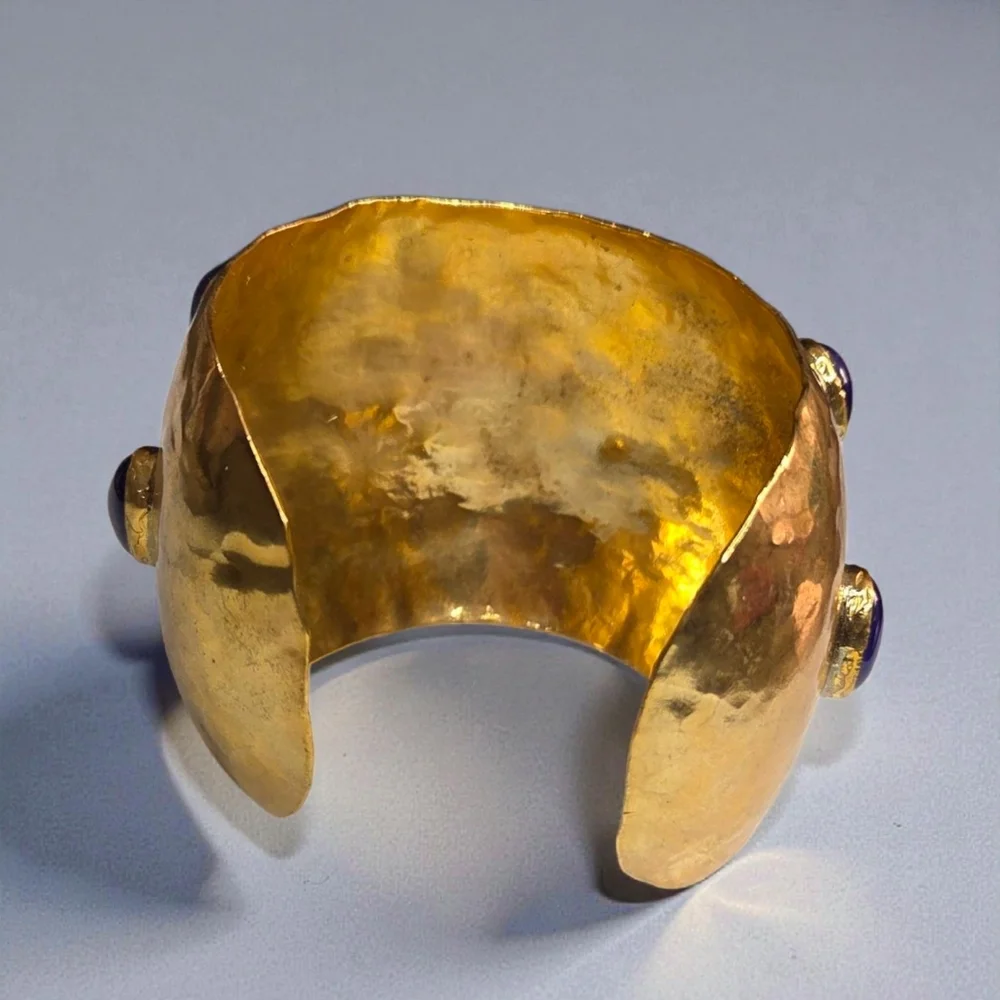 Insane Massive Triple Gold Plated Lapis Lazuli Cabochon Cuff Bracelet - Picture 3 of 5